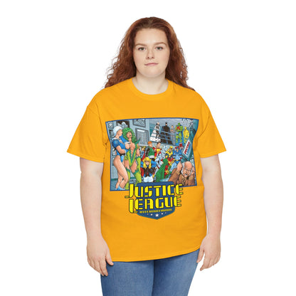 Justice League International T-Shirt - Kevin Maguire Art - Blue Beetle, Booster Gold, Martian Manhunter, Captain Atom, Batman, Fire, Ice - DC Comics - JLI