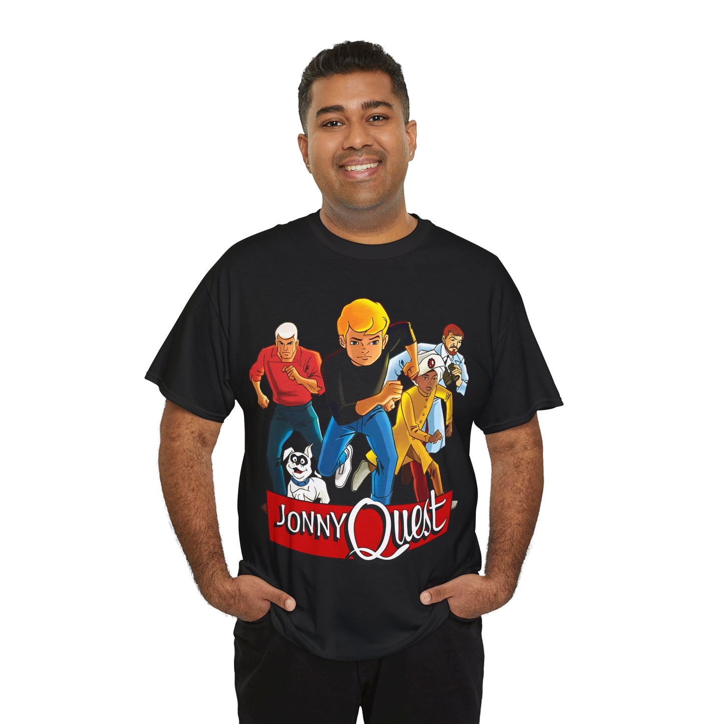 Jonny Quest T-Shirt - Popular Hanna-Barbera Cartoon Characters from the 1960s Adventure TV Show - Dr Benton, Hadji, Race Bannon, Bandit the Dog