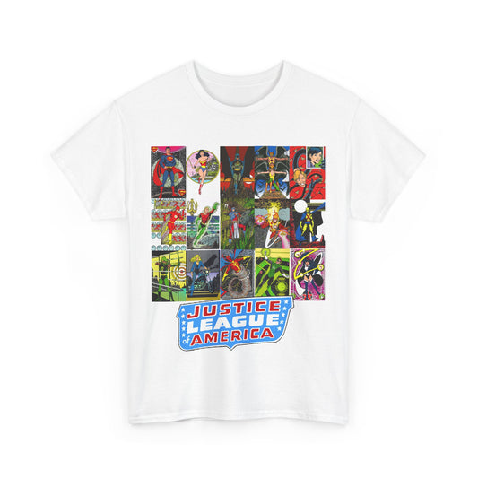 JLA Postcard T-Shirt - George Perez Art - Zatanna, Green Lantern, Flash, Batman, Hawkman, Wonder Woman, Firestorm - Justice League of America - DC Comics