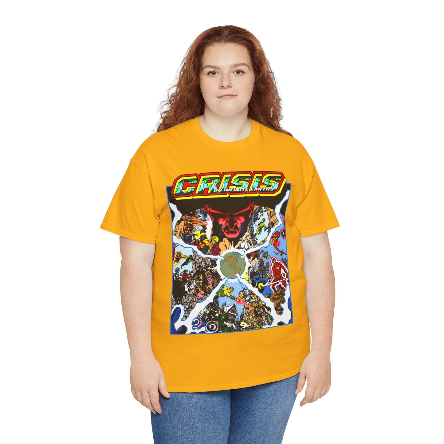 Crisis on Infinite Earths T-Shirt - George Perez Art - #3 Cover - Monitor, Flash, Starfire, Brainiac 5, Dream Girl - DC Comics