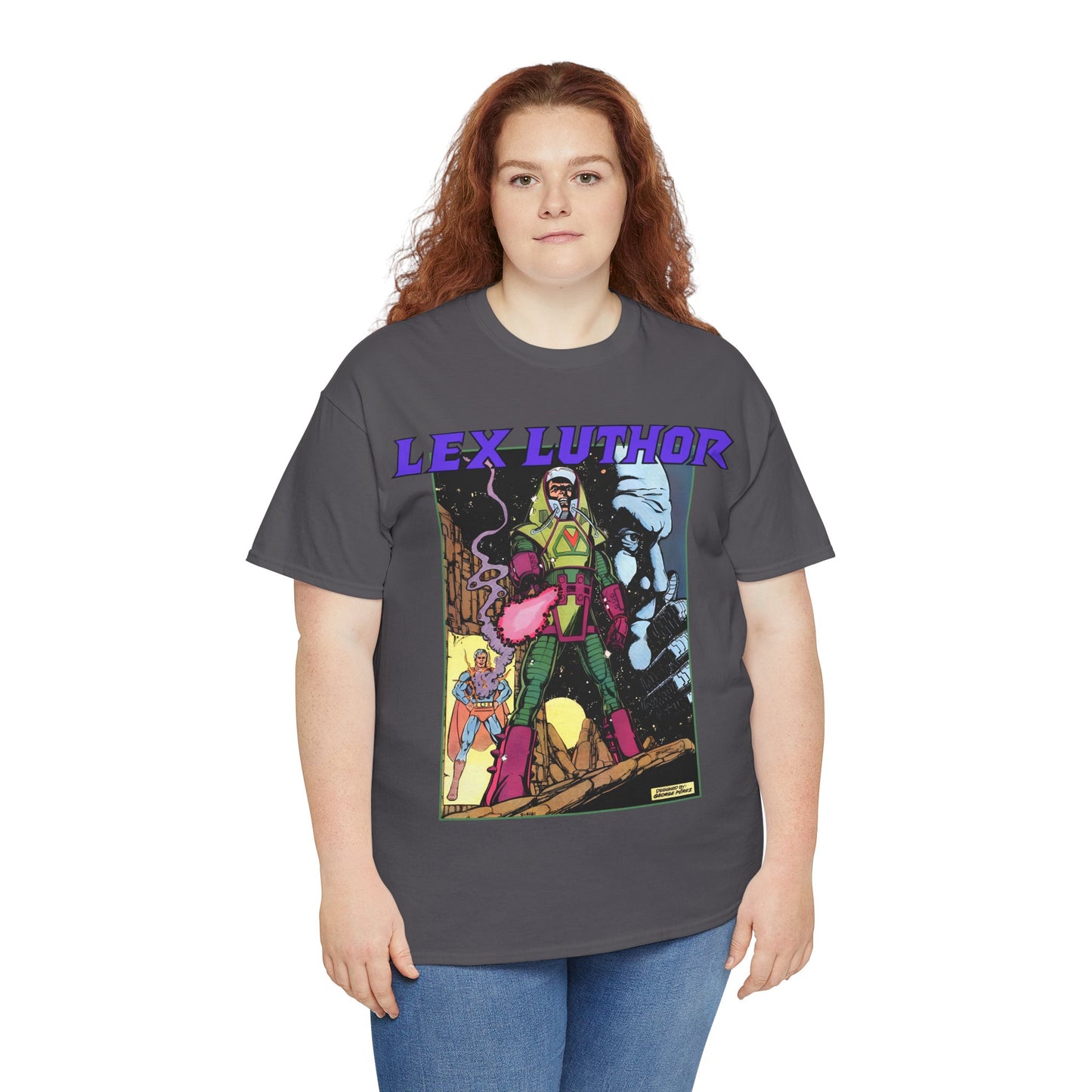 Lex Luthor T-Shirt - George Perez Art - 1980s DC Comics - Action Comics Armor - Inspiration for Super Powers Figure - Superman Enemy