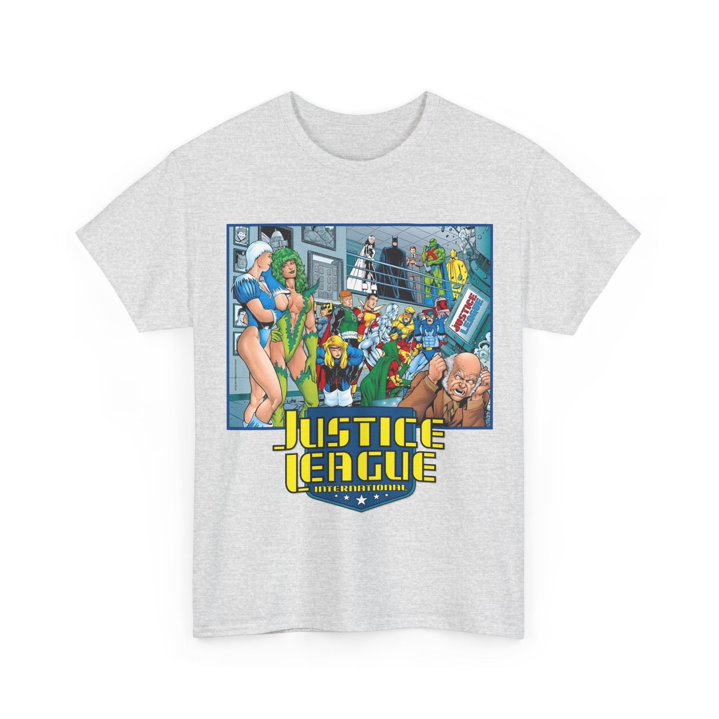Justice League International T-Shirt - Kevin Maguire Art - Blue Beetle, Booster Gold, Martian Manhunter, Captain Atom, Batman, Fire, Ice - DC Comics - JLI