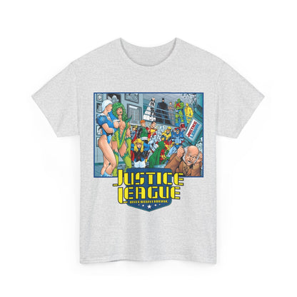 Justice League International T-Shirt - Kevin Maguire Art - Blue Beetle, Booster Gold, Martian Manhunter, Captain Atom, Batman, Fire, Ice - DC Comics - JLI