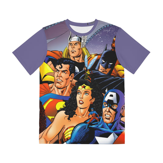 JLA/Avengers All Over Print Tee (Polyester) - George Perez Art - Thor, Wonder Woman, Scarlet Witch, Superman, Vision, Hawkeye, Plastic Man, Batman - DC Comics, Marvel Comics