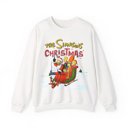 Simpsons Family Christmas Crewneck Sweatshirt - Homer, Marge, Bart, Lisa, Maggie - Riding a Christmas Sleigh Through the Winter Snow