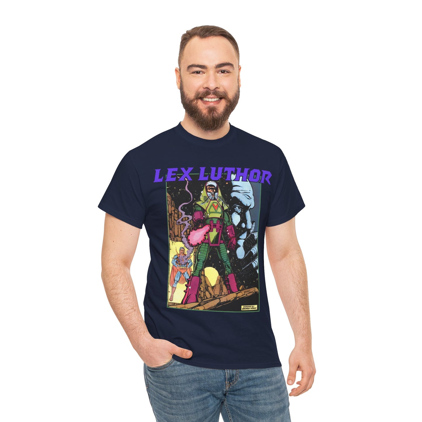 Lex Luthor T-Shirt - George Perez Art - 1980s DC Comics - Action Comics Armor - Inspiration for Super Powers Figure - Superman Enemy