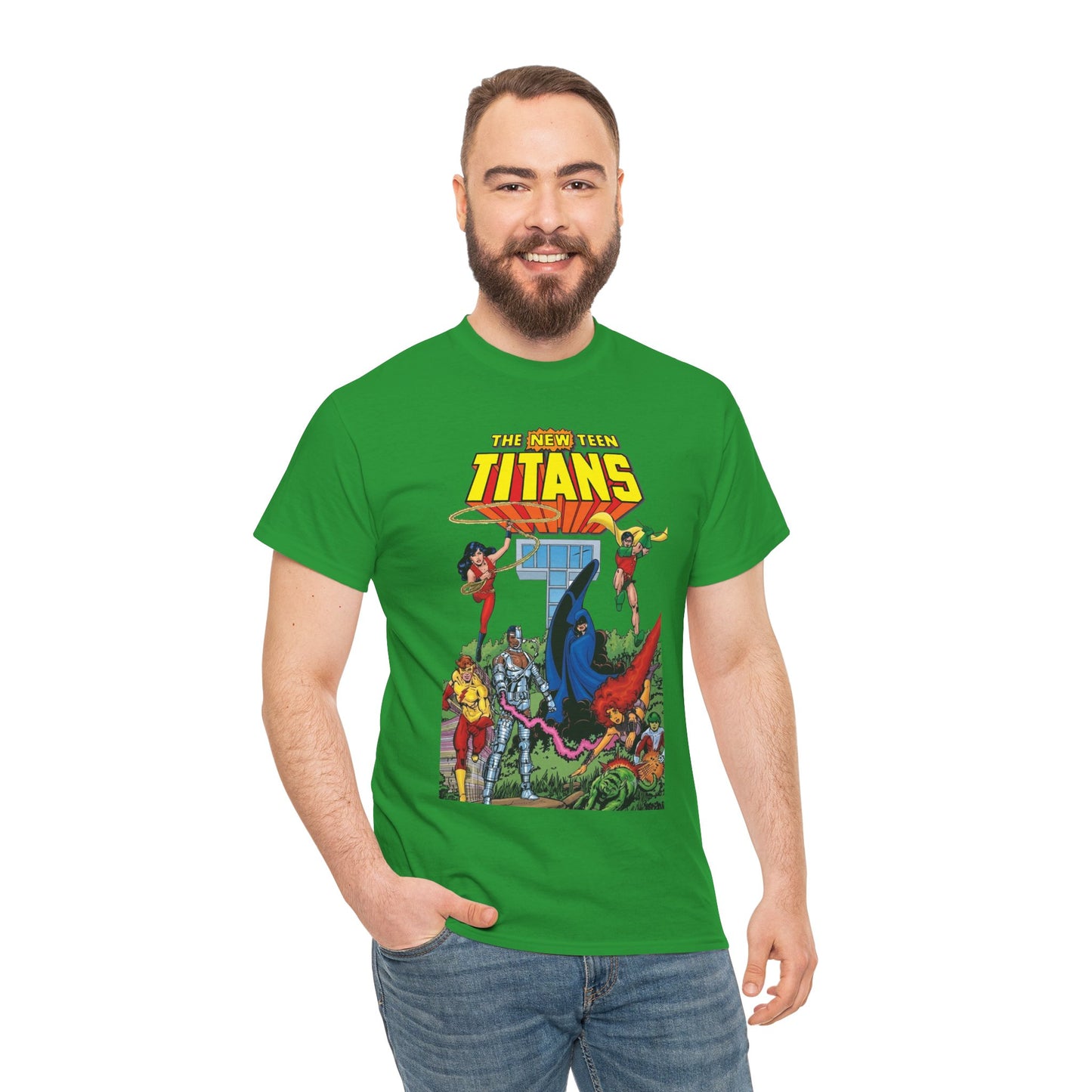 New Teen Titans T-Shirt - George Perez Art - Robin, Wonder Girl, Cyborg, Raven, Changeling, Starfire, Kid Flash - Titans Tower - DC Comics