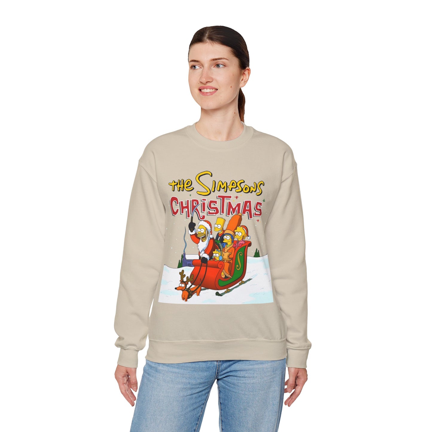 Simpsons Family Christmas Crewneck Sweatshirt - Homer, Marge, Bart, Lisa, Maggie - Riding a Christmas Sleigh Through the Winter Snow