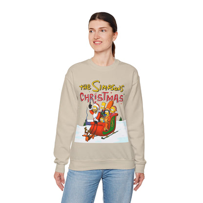 Simpsons Family Christmas Crewneck Sweatshirt - Homer, Marge, Bart, Lisa, Maggie - Riding a Christmas Sleigh Through the Winter Snow
