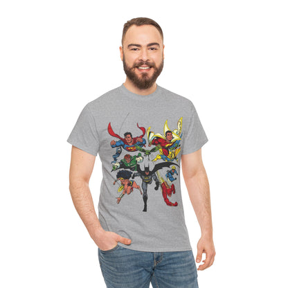DC Legends T-Shirt - John Byrne Art - Superman, Wonder Woman, Guy Gardner, Flash, Blue Beetle, Shazam, Dr Fate, Changeling - DC Comics