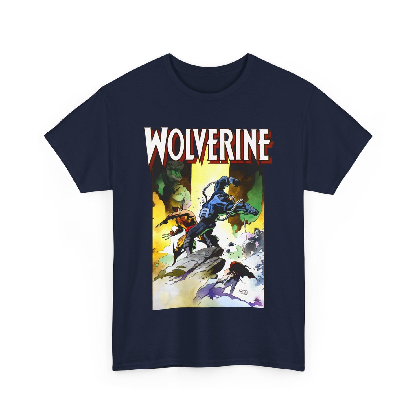 Wolverine T-Shirt - Mike Mignola Art - Jungle Adventure - Savage Land Story - Vs A Dinosaur - Logan, X-Men Member - Marvel Comics