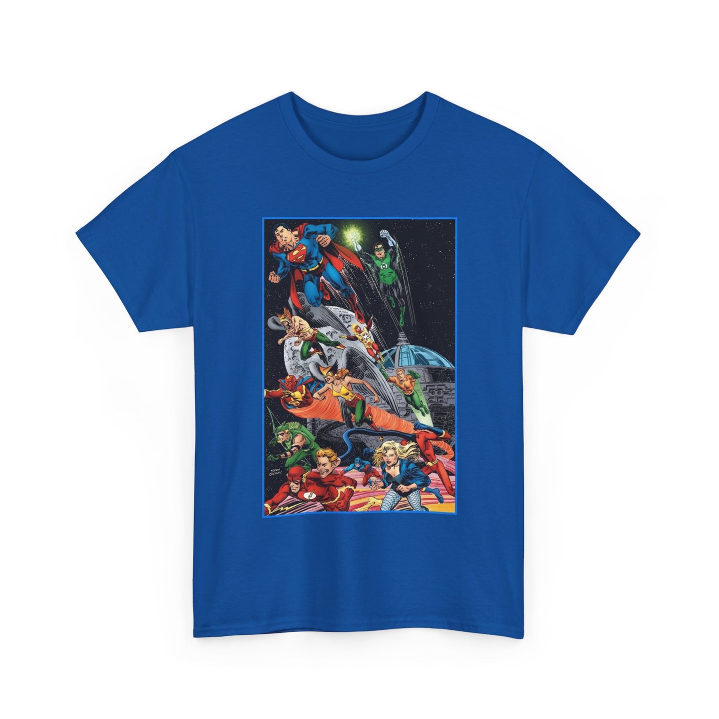 Justice League of America T-Shirt - Jerry Ordway Art - Superman, Wonder Woman, Firestorm, Flash, Black Canary, Atom - DC Comics