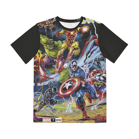 Avengers All Over Print Tee (Polyester) - Captain America, Iron Man, Black Widow, Thor, Black Panther  - Marvel Comics (IMPROVED PLACEMENT AND PRINTING TECHNIQUES)
