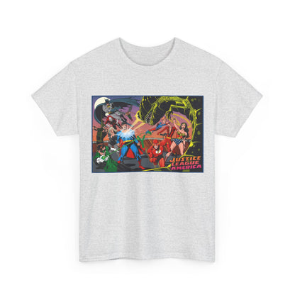 Justice League of America T-Shirt - Brian Bolland Art - Superman, Green Lantern, Wonder Woman, Batman, Flash, Elongated Man, Black Canary, Green Arrow, Atom - DC Comics