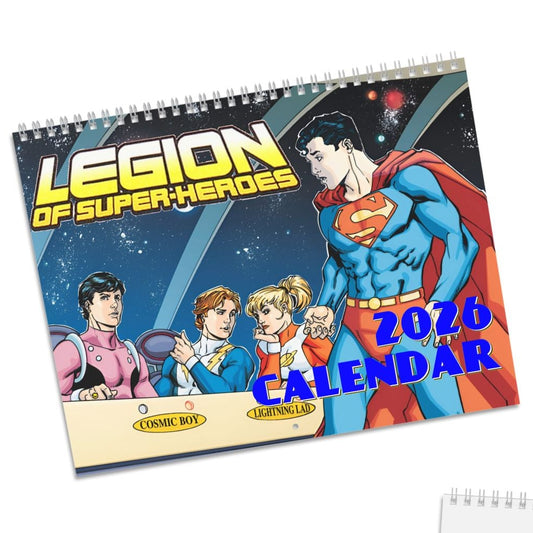 Superhero-themed calendar with characters and 'Legion of Super-Heroes' text on a white background