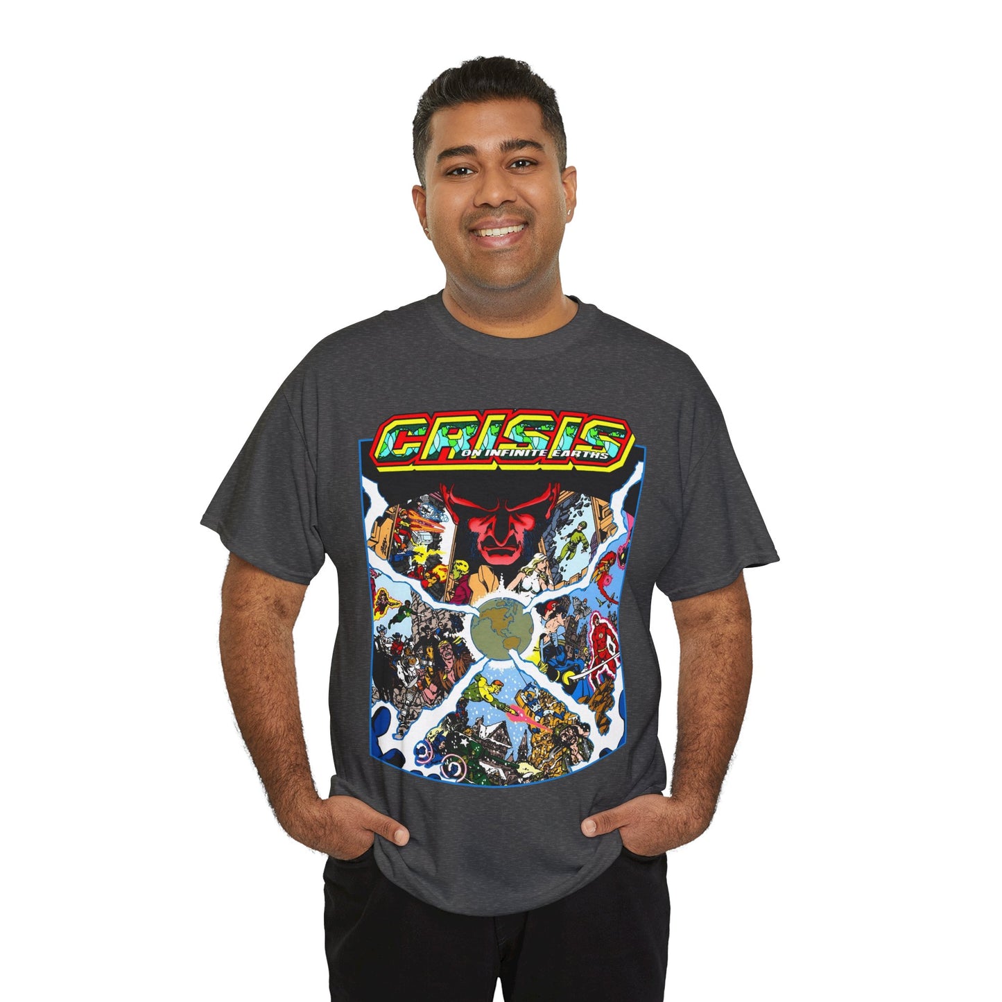 Crisis on Infinite Earths T-Shirt - George Perez Art - #3 Cover - Monitor, Flash, Starfire, Brainiac 5, Dream Girl - DC Comics