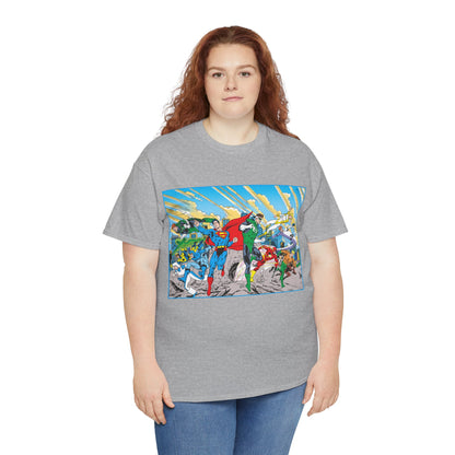 Justice League America/Europe T-Shirt - Dan Jurgens Art - Superman, Blue Beetle, Booster Gold, Green Lantern, Aquaman, Power Girl, Guy Gardner, Flash - DC Comics