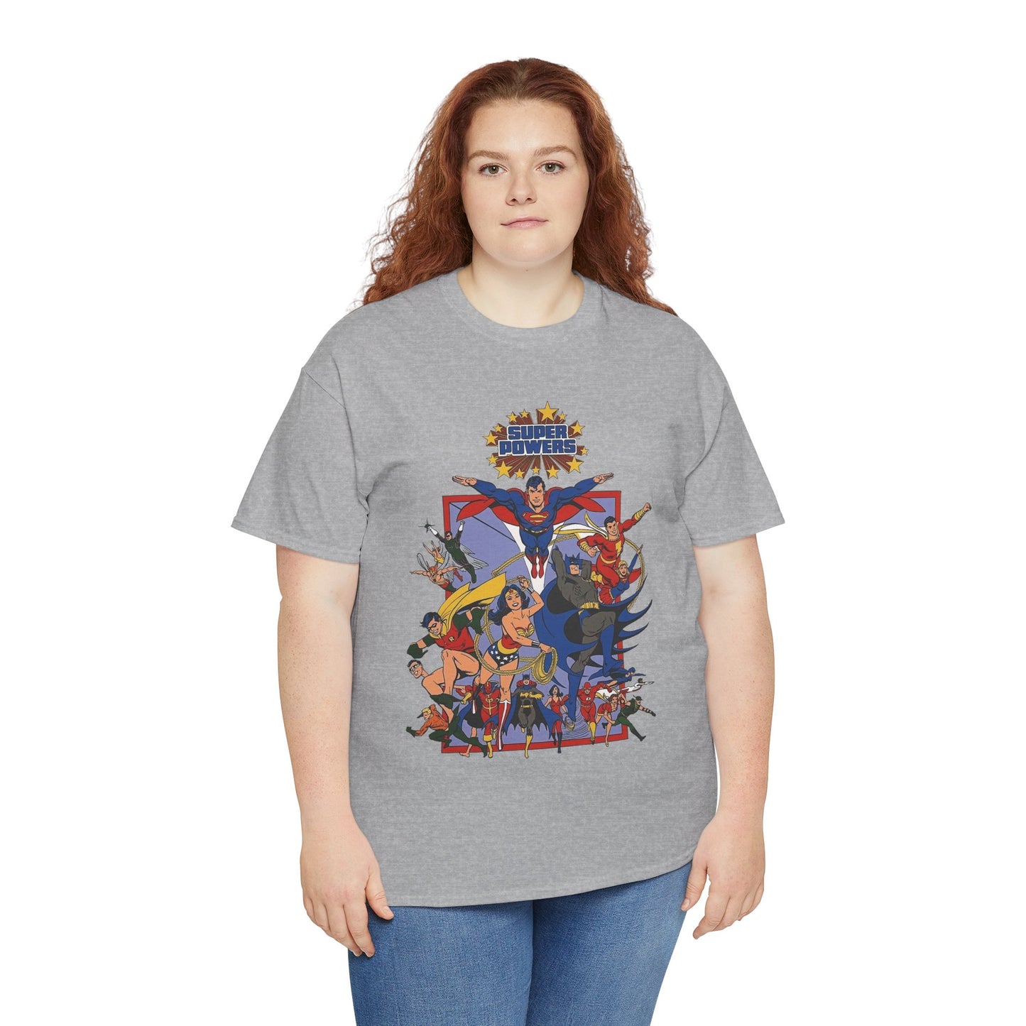 Super Powers T-Shirt - Superman, Flash, Wonder Woman, Batman, Batgirl, Robin, Plastic Man, Aquaman, Hawkman, Supergirl - 1980s Kenner Toy Line - Retro DC Comics