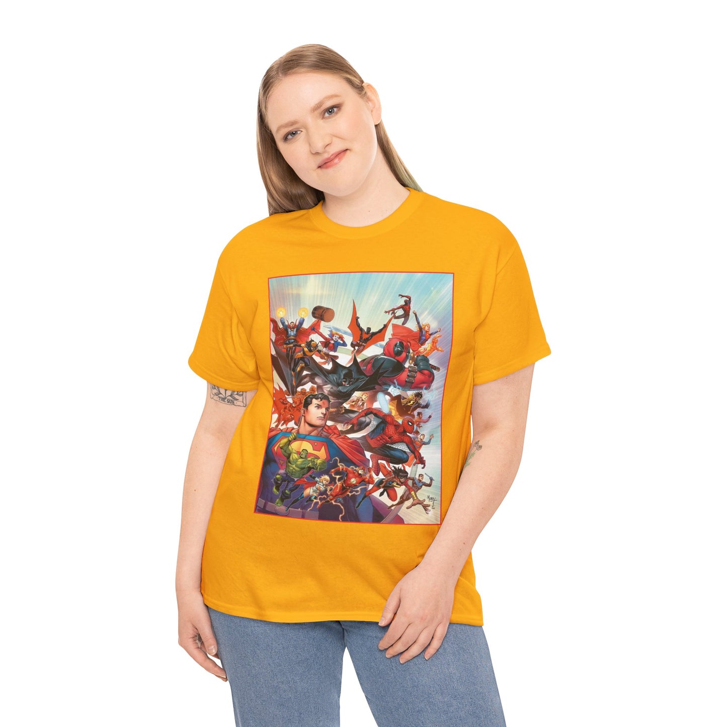 DC/Marvel T-Shirt - The Cosmic Kiss Caper & Other Stories Cover Art - Superman, Deadpool, Spider-Man, Harley Quinn, Batman Beyond, Static, Dr. Strange - DC Comics/Marvel