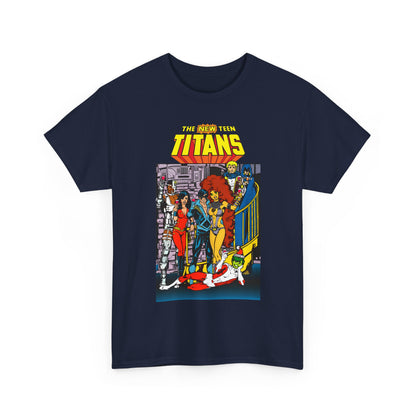 New Teen Titans T-Shirt - George Perez Art - Nightwing, Cyborg, Raven, Starfire, Wonder Girl, Changeling, Jericho - Titans Tower - DC Comics
