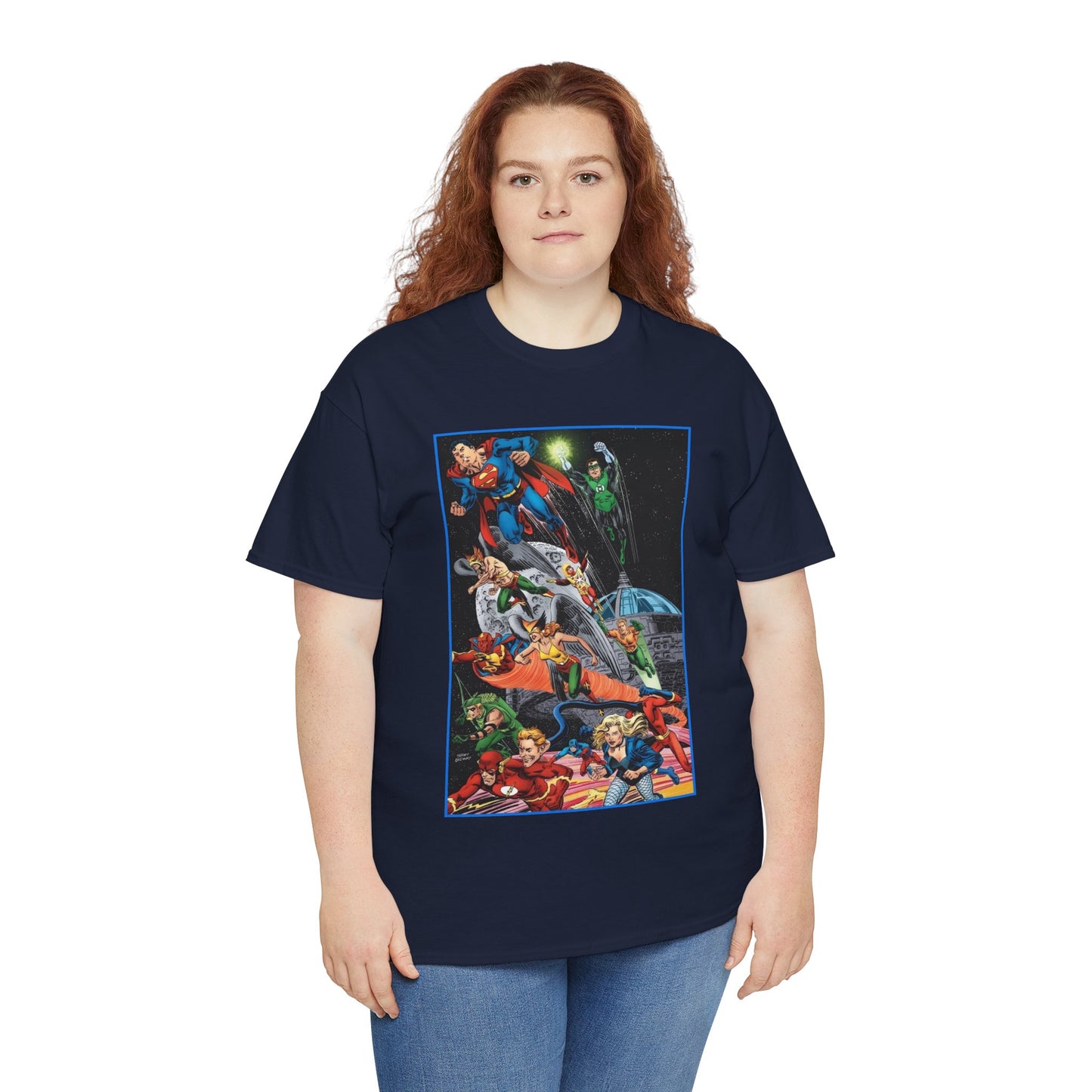 Justice League of America T-Shirt - Jerry Ordway Art - Superman, Wonder Woman, Firestorm, Flash, Black Canary, Atom - DC Comics