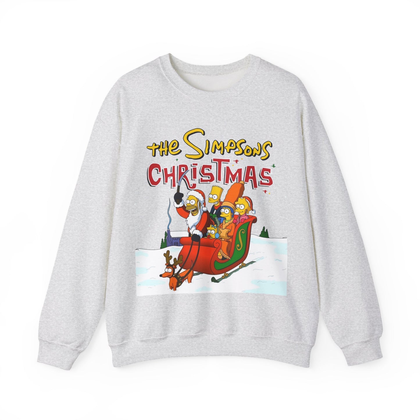 Simpsons Family Christmas Crewneck Sweatshirt - Homer, Marge, Bart, Lisa, Maggie - Riding a Christmas Sleigh Through the Winter Snow