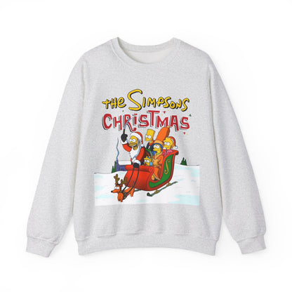Simpsons Family Christmas Crewneck Sweatshirt - Homer, Marge, Bart, Lisa, Maggie - Riding a Christmas Sleigh Through the Winter Snow