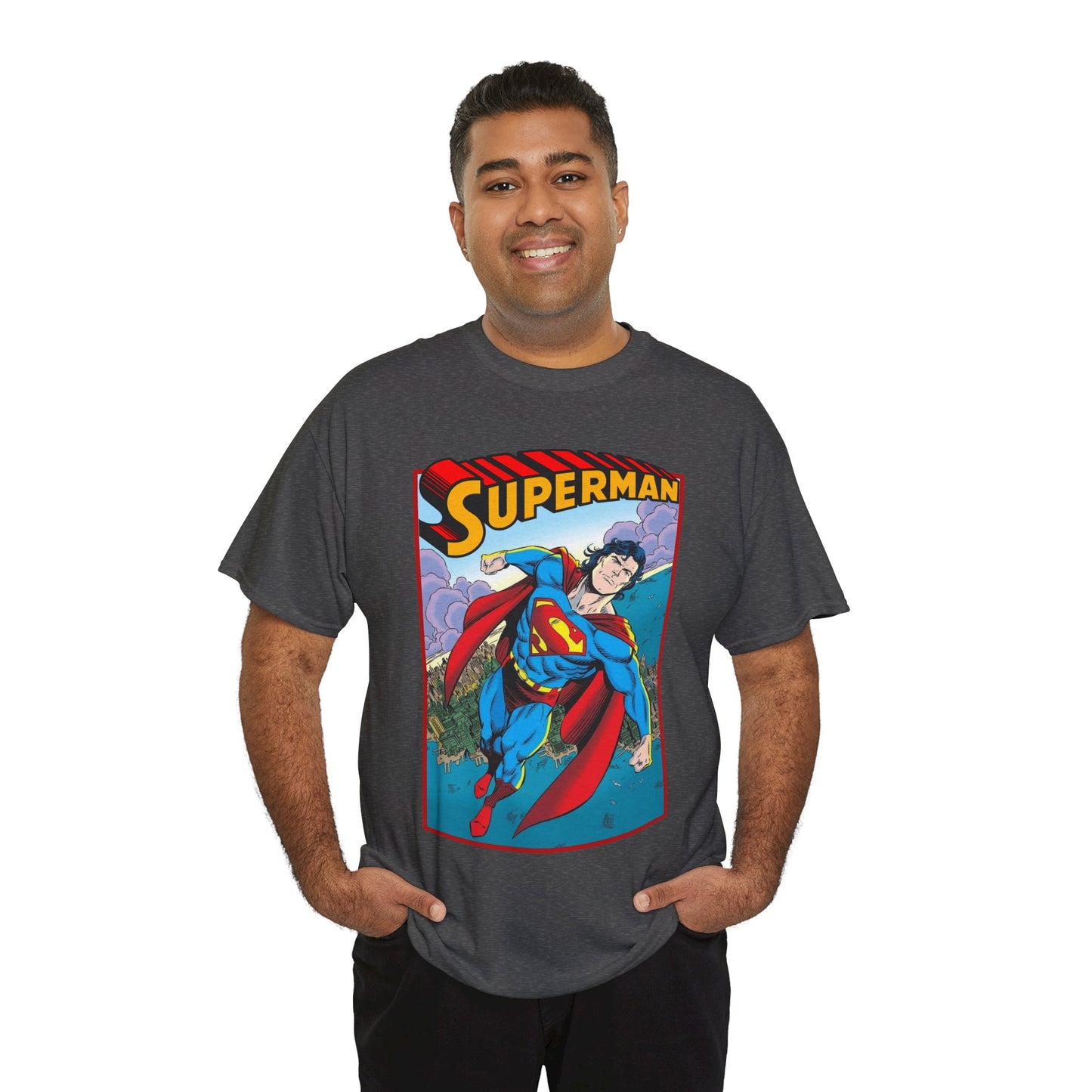 Superman T-Shirt - Tom Grummett Art - DC Comics - Metropolis, Man of Steel Flying Through the Sky - Post-Reign of the Supermen Storyline Artwork