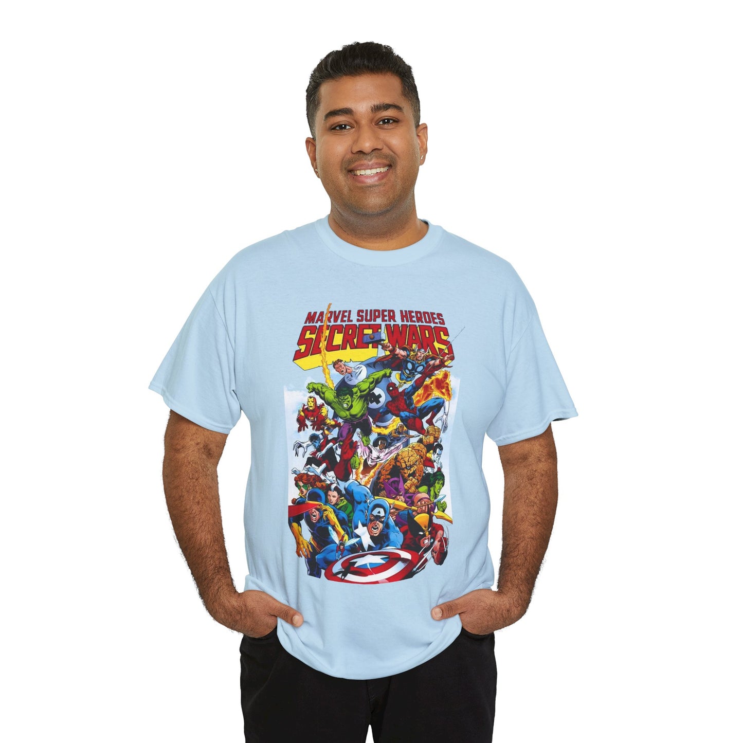 Secret Wars T-Shirt - Spider-man, Wolverine, Iron Man, Captain America, Cyclops, Rogue, Hulk, Mr Fantastic, The Thing - Classic Marvel Comics 1980s Series - The Beyonder