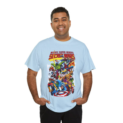 Secret Wars T-Shirt - Spider-man, Wolverine, Iron Man, Captain America, Cyclops, Rogue, Hulk, Mr Fantastic, The Thing - Classic Marvel Comics 1980s Series - The Beyonder