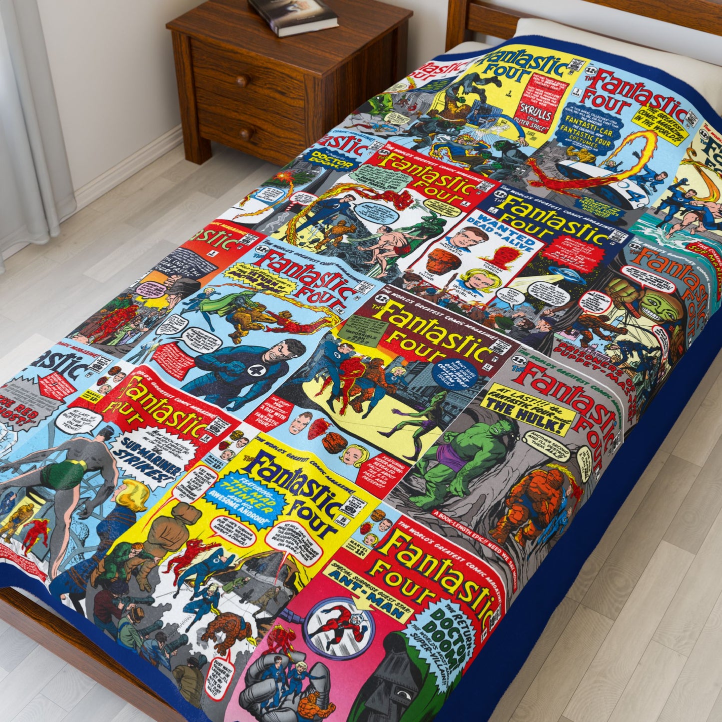 Fantastic Four Plush Blanket 60x80" - Classic Silver Age Jack Kirby Art - Mr. Fantastic, Invisible Woman, Human Torch, The Thing - Marvel Comics