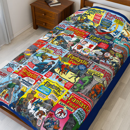 Fantastic Four Plush Blanket 60x80" - Classic Silver Age Jack Kirby Art - Mr. Fantastic, Invisible Woman, Human Torch, The Thing - Marvel Comics