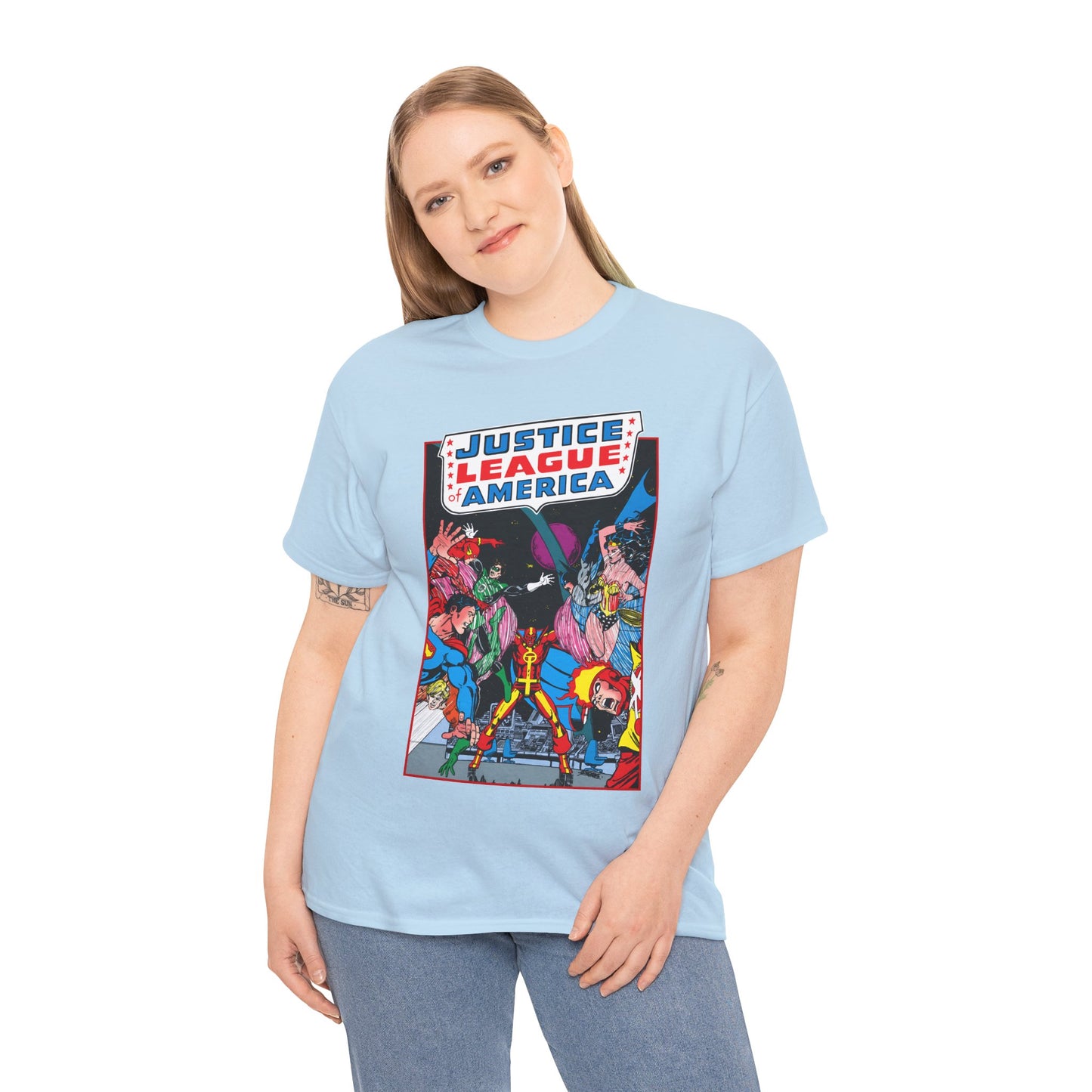 Justice League of America T-Shirt - George Perez Art - 1980s Satellite Era - Superman, Wonder Woman, Firestorm, Green Lantern, Batman - DC Comics