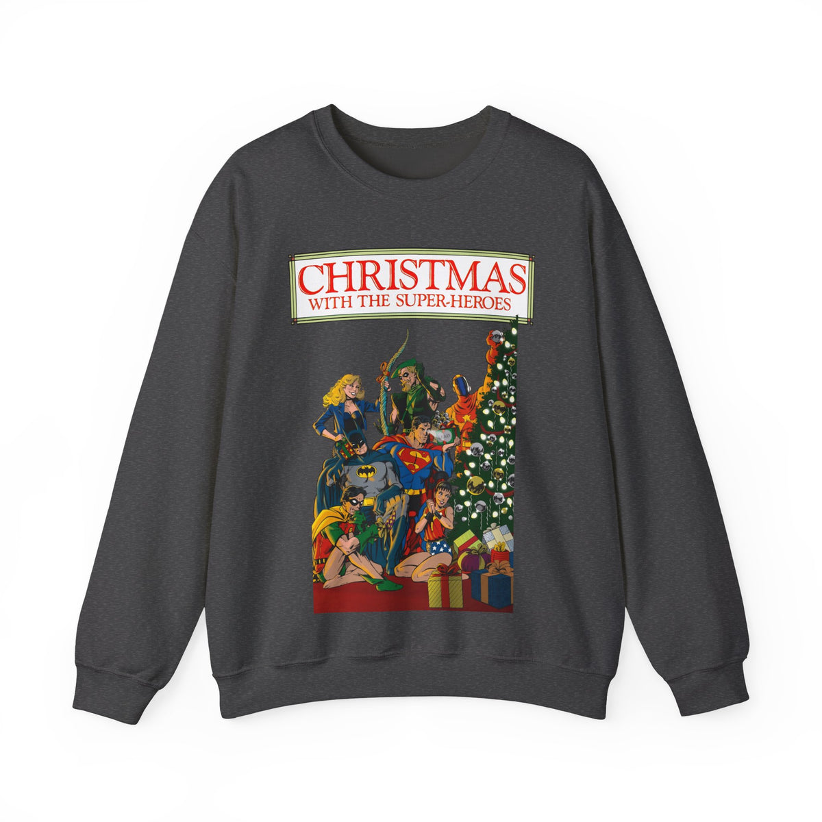 Christmas With the DC Super-Heroes Heavy Blend Crewneck Sweatshirt - Superman, Batman, Green Arrow, Black Canary - Festive Holiday Shirt