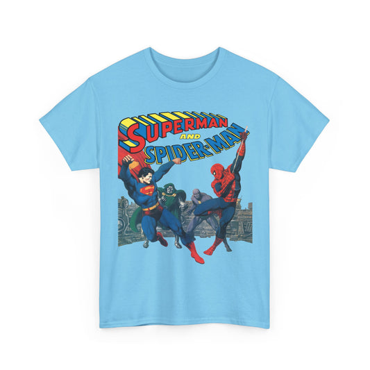 Light blue t-shirt with Superman and Spider-Man graphic on a white background