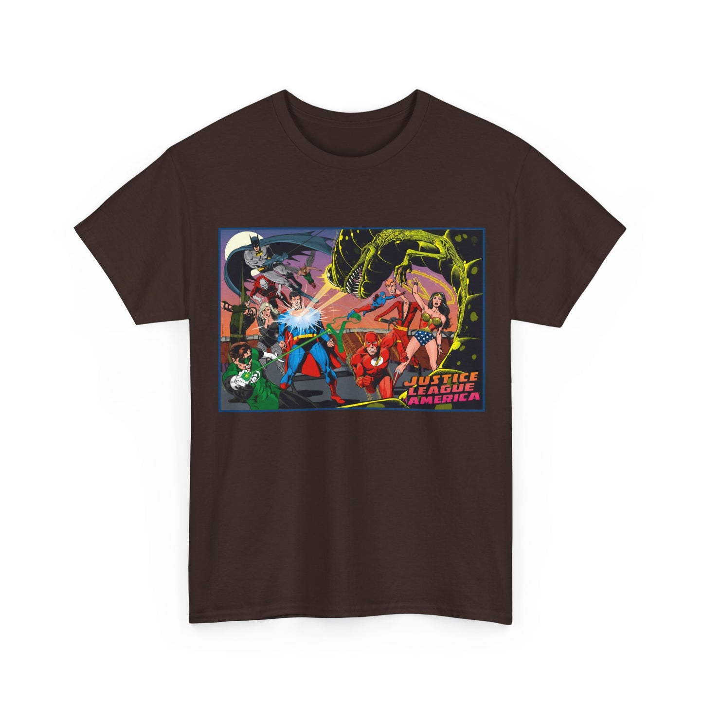 Justice League of America T-Shirt - Brian Bolland Art - Superman, Green Lantern, Wonder Woman, Batman, Flash, Elongated Man, Black Canary, Green Arrow, Atom - DC Comics