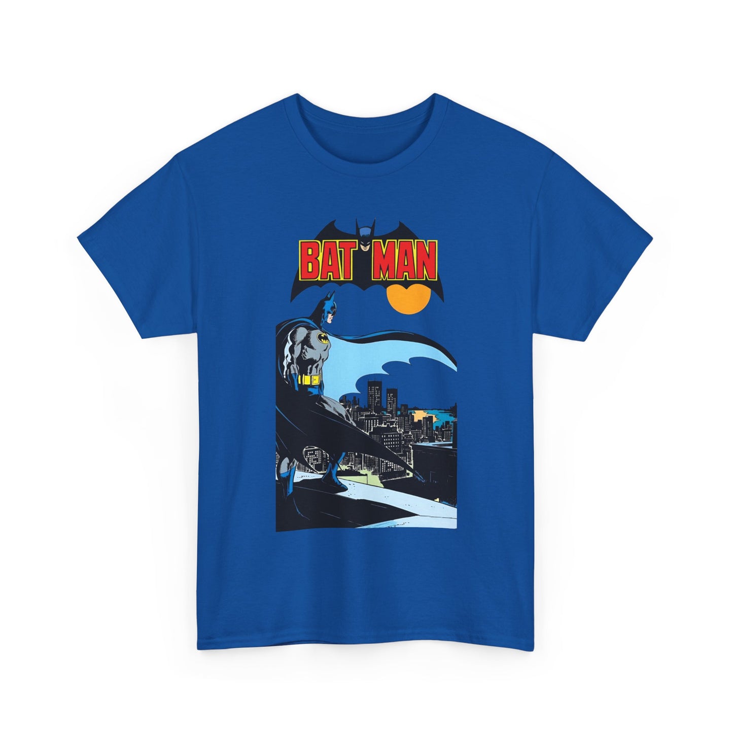 Blue t-shirt with Batman graphic and logo on a white background