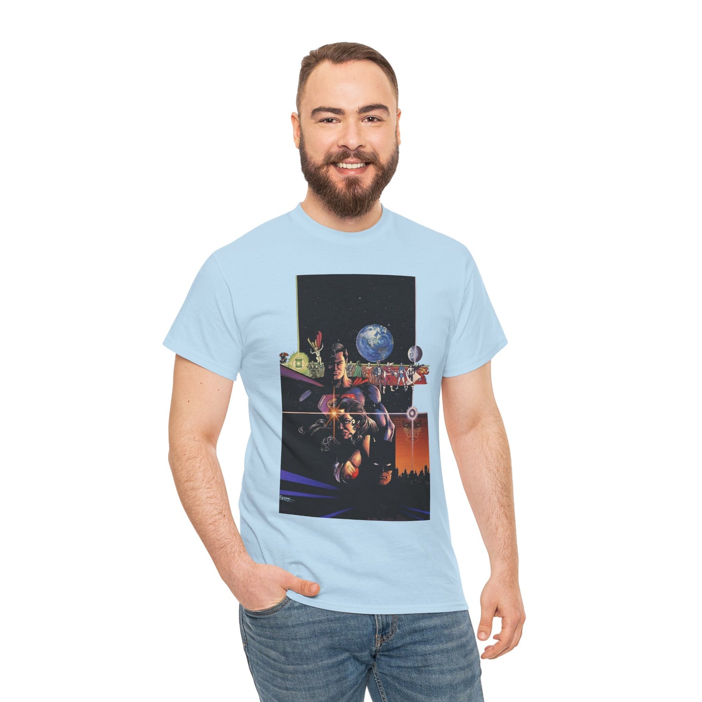 Crisis on Infinite Earths T-Shirt - George Perez Art - Superman, Batman, Wonder Woman, Captain Marvel, Blue Beetle, Kid Flash - Retro 1980s - DC Comics