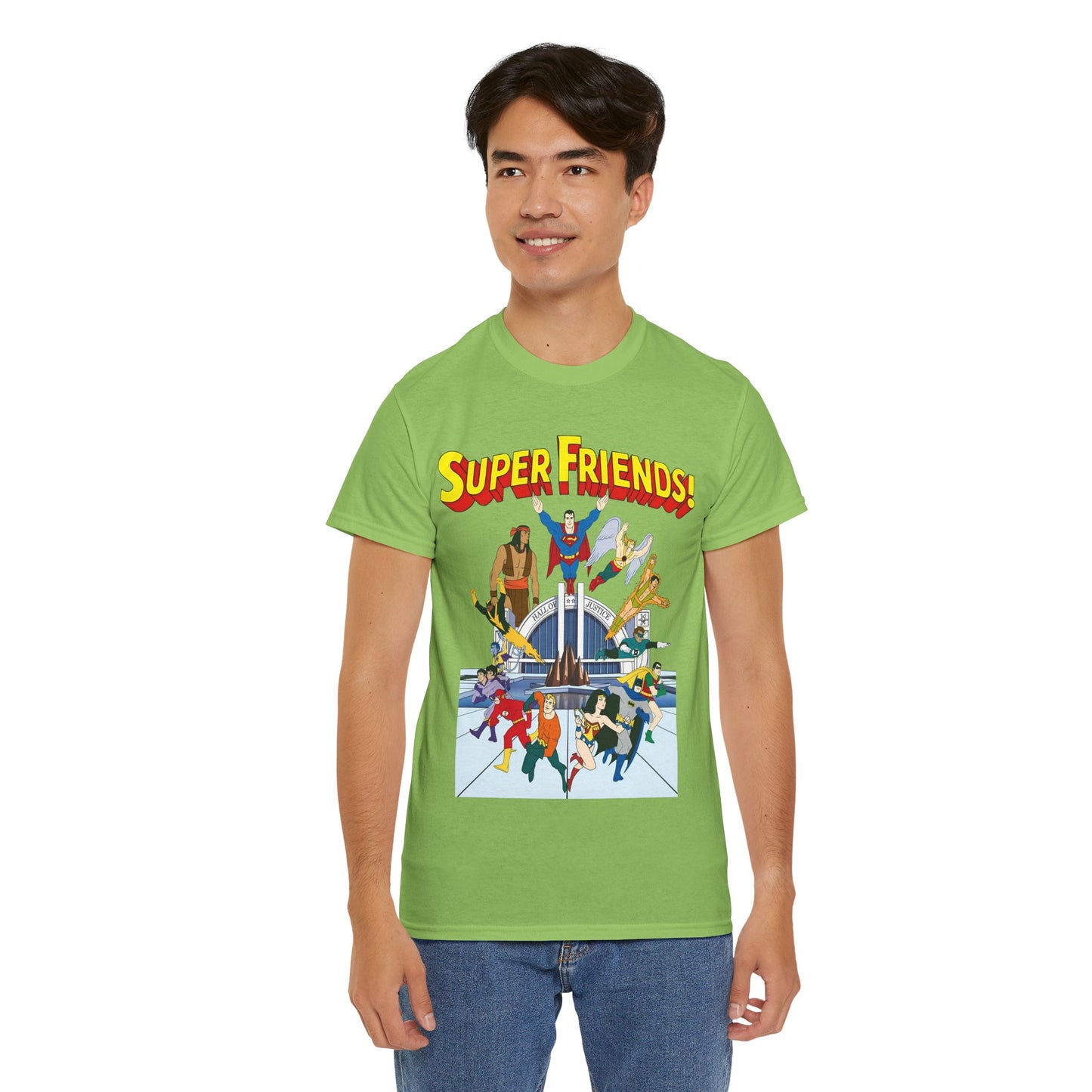 Super Friends T-Shirt - DC Hanna-Barbera - Superman, Wonder Woman, Black Vulcan, Batman, The Wonder Twins, Apache Chief, Hall of Justice