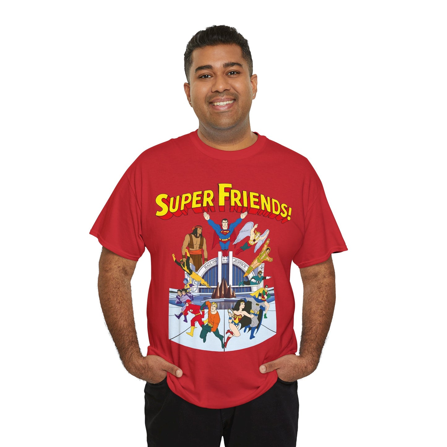Super Friends T-Shirt - DC Hanna-Barbera - Superman, Wonder Woman, Black Vulcan, Batman, The Wonder Twins, Apache Chief, Hall of Justice