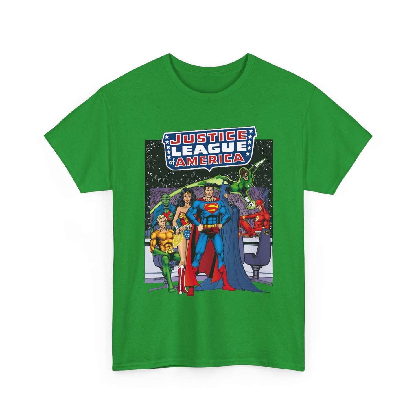 Justice League T-Shirt - George Perez Art - JLA Satellite Era - Superman, Wonder Woman, Green Lantern, Batman, Flash, Aquaman, Martian Manhunter - DC Comics