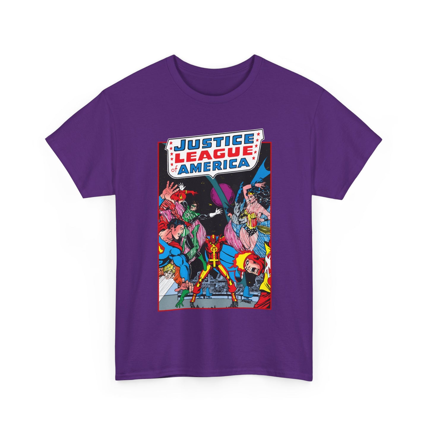 Justice League of America T-Shirt - George Perez Art - 1980s Satellite Era - Superman, Wonder Woman, Firestorm, Green Lantern, Batman - DC Comics