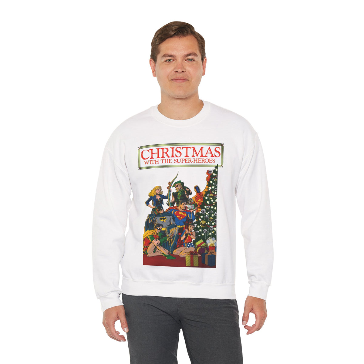 Christmas With the DC Super-Heroes Heavy Blend Crewneck Sweatshirt - Superman, Batman, Green Arrow, Black Canary - Festive Holiday Shirt