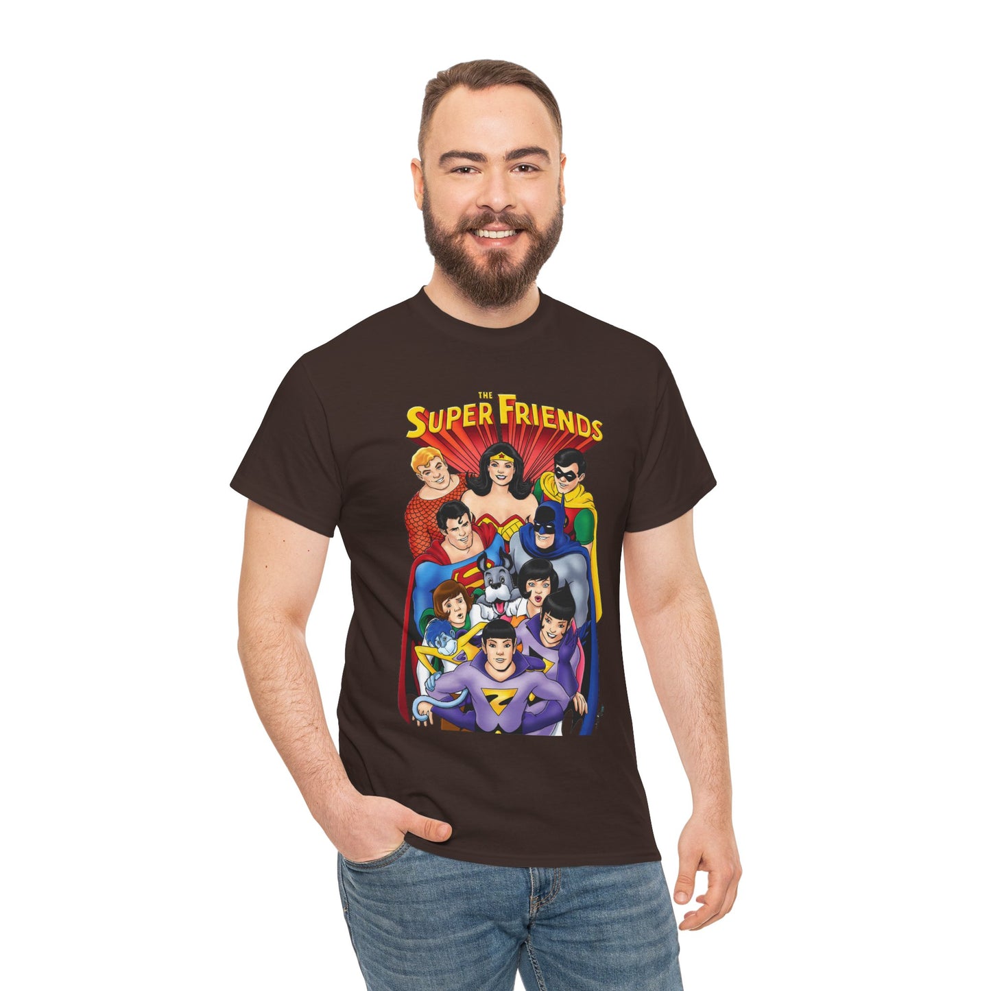 Super Friends T-Shirt - Kevin Maguire Art - Wonder Twins, Gleek, Superman, Wonder Woman Batman - DC Comics - Based on 1970s Hanna-Barbera Cartoon