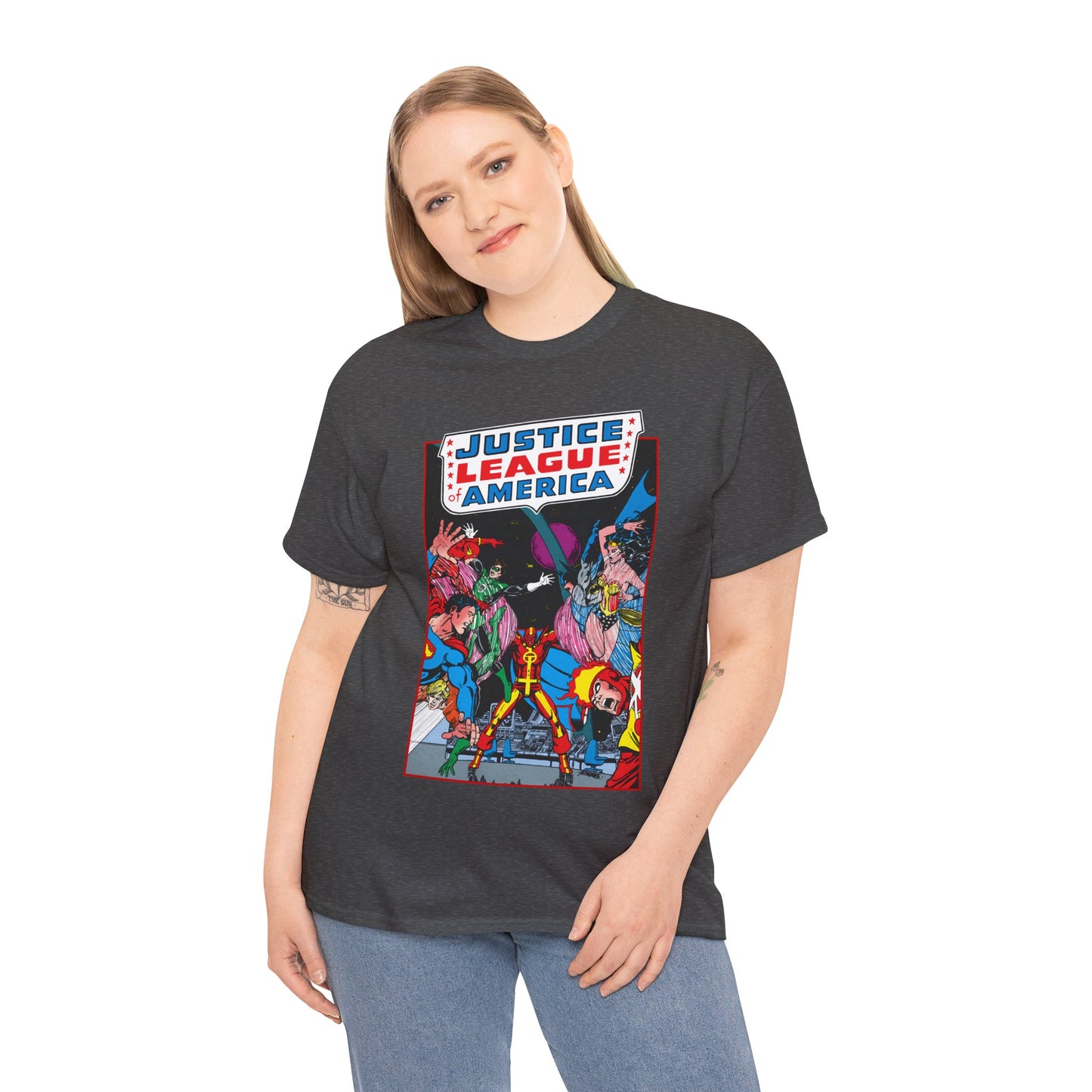 Justice League of America T-Shirt - George Perez Art - 1980s Satellite Era - Superman, Wonder Woman, Firestorm, Green Lantern, Batman - DC Comics
