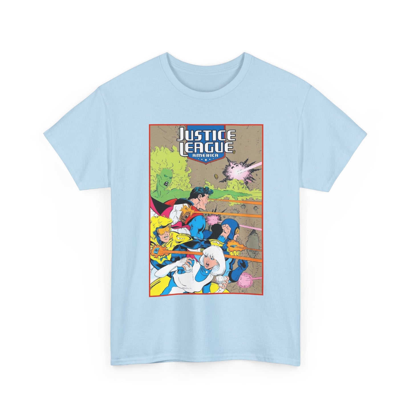 Justice League of America T-Shirt - Dan Jurgens Art - Superman, Fire, Ice, Blue Beetle, Booster Gold, Bloodwynde - DC Comics