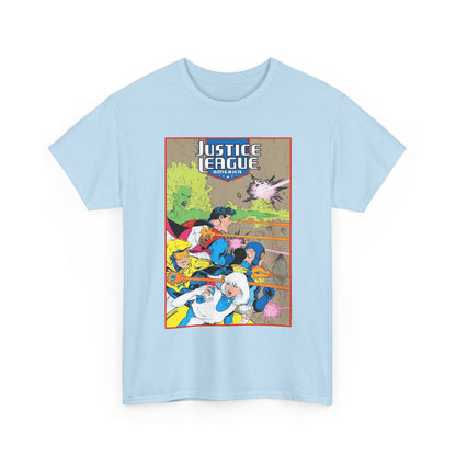 Justice League of America T-Shirt - Dan Jurgens Art - Superman, Fire, Ice, Blue Beetle, Booster Gold, Bloodwynde - DC Comics