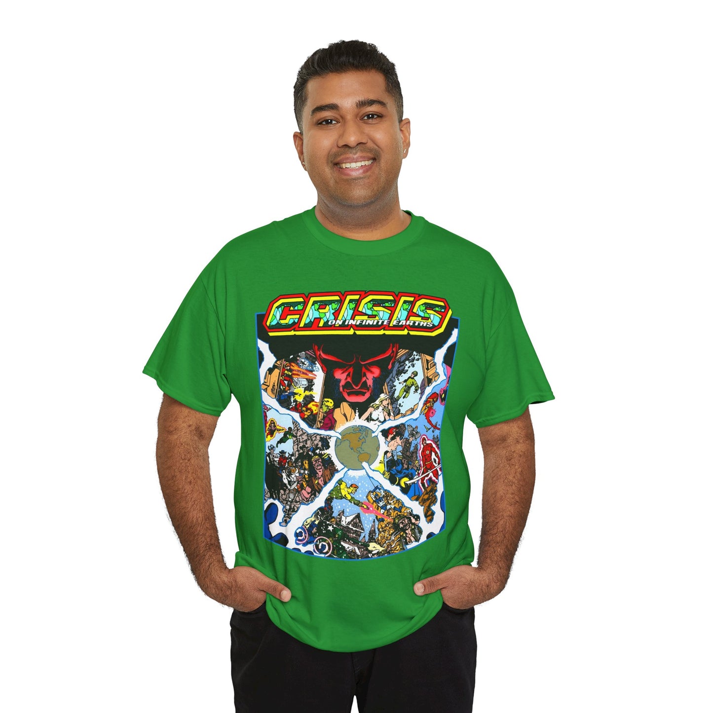 Crisis on Infinite Earths T-Shirt - George Perez Art - #3 Cover - Monitor, Flash, Starfire, Brainiac 5, Dream Girl - DC Comics