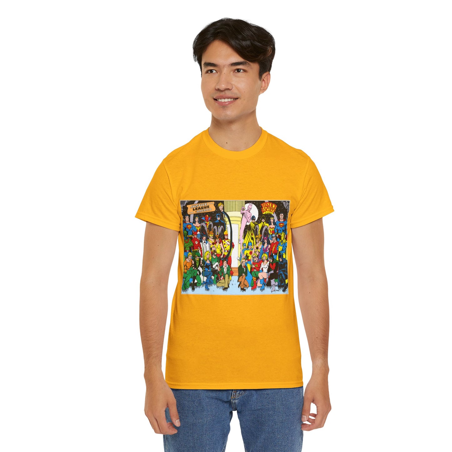 JLA & JSA T-Shirt - George Perez Art - Justice League, Society Team-up - Batman, Wildcat, Dr Fate, Hourman, Firestorm, Superman