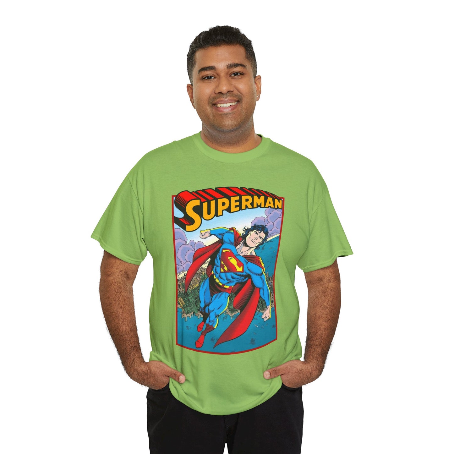 Superman T-Shirt - Tom Grummett Art - DC Comics - Metropolis, Man of Steel Flying Through the Sky - Post-Reign of the Supermen Storyline Artwork